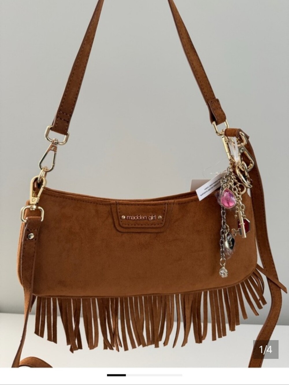 Madden Girl Tan Suede Fringe Shoulder Bag with Charm